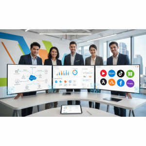 Ilustración de un equipo PYME usando Salesforce para gestionar sus ventas online