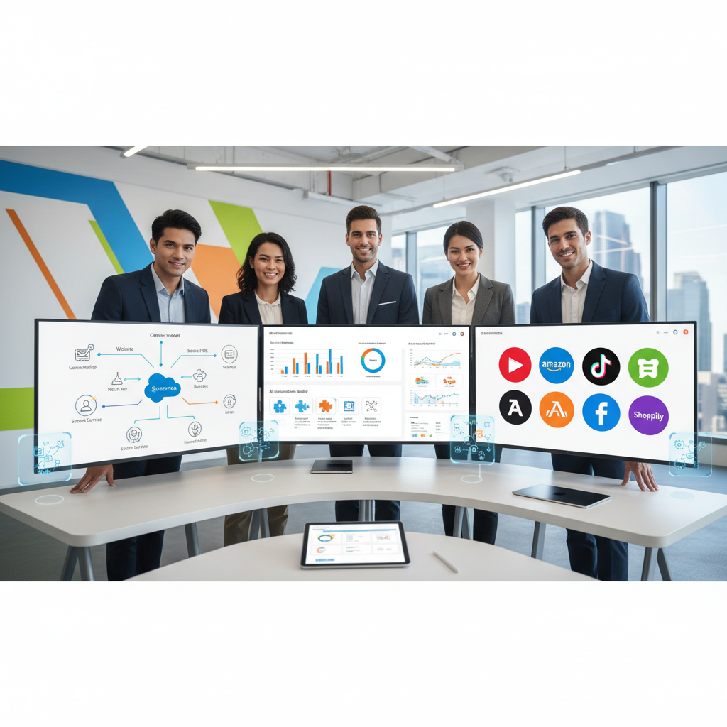 Ilustración de un equipo PYME usando Salesforce para gestionar sus ventas online