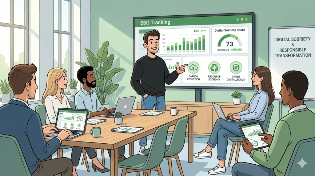 Illustration d’une équipe PME engagée dans la sobriété numérique et la transformation responsable