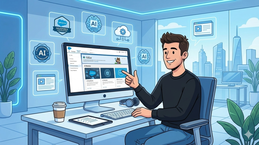 Ilustración de un profesional de Salesforce en formación en IA