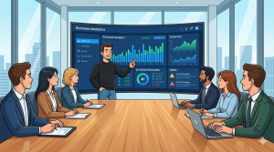 Ilustración de un dirigente pyme analizando un panel de control analítico moderno