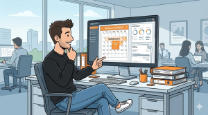 Illustration of a small business owner looking at a delayed Verifactu timeline